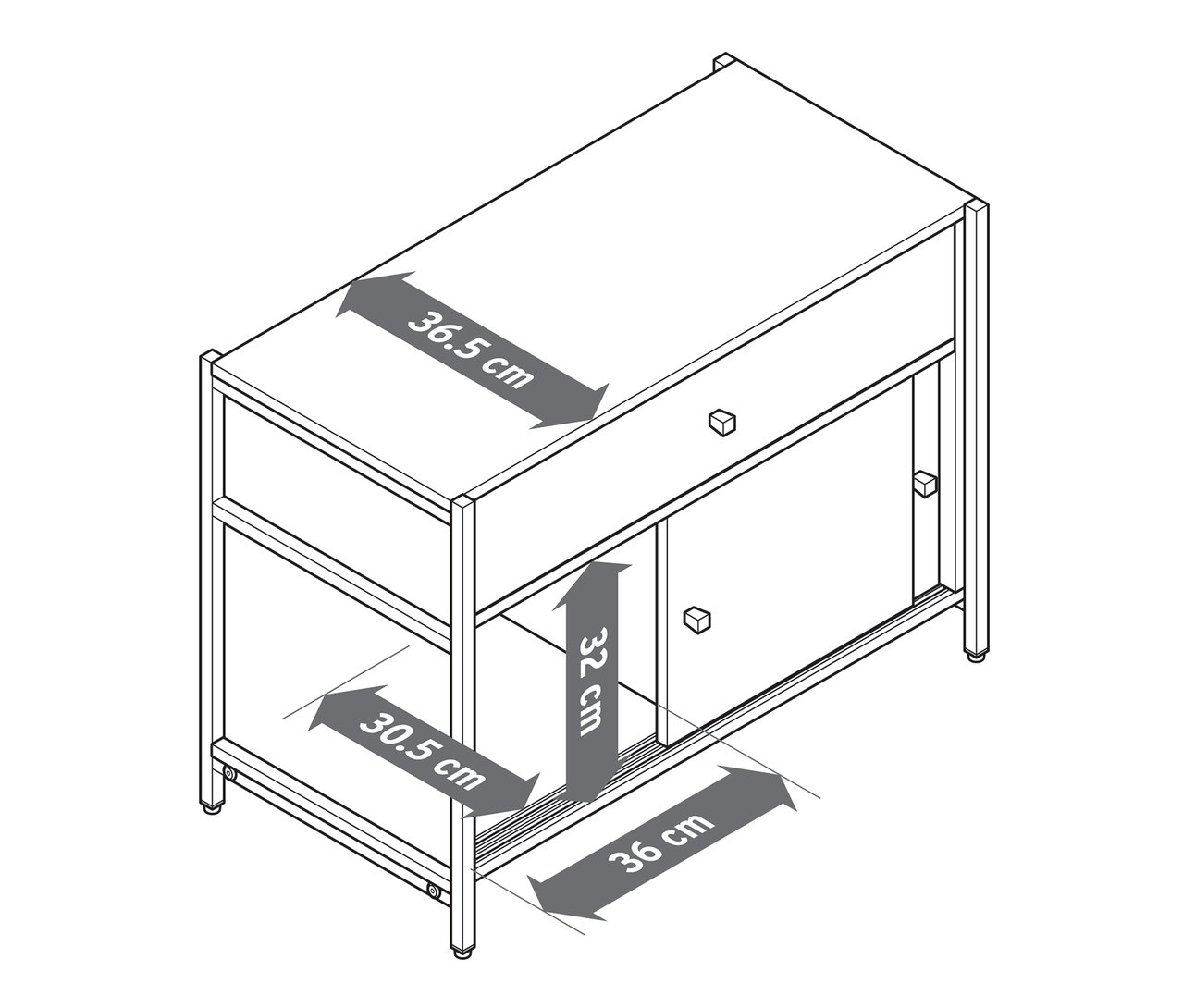 Illustration einer Kommode »GRADE« mit Schublade und Schiebetüren, mit Maßangaben.