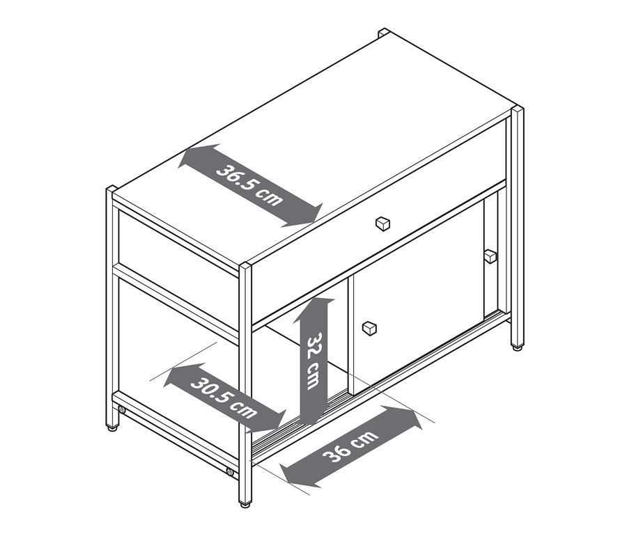 Illustration einer Kommode »GRADE« mit Schublade und Schiebetüren, mit Maßangaben.