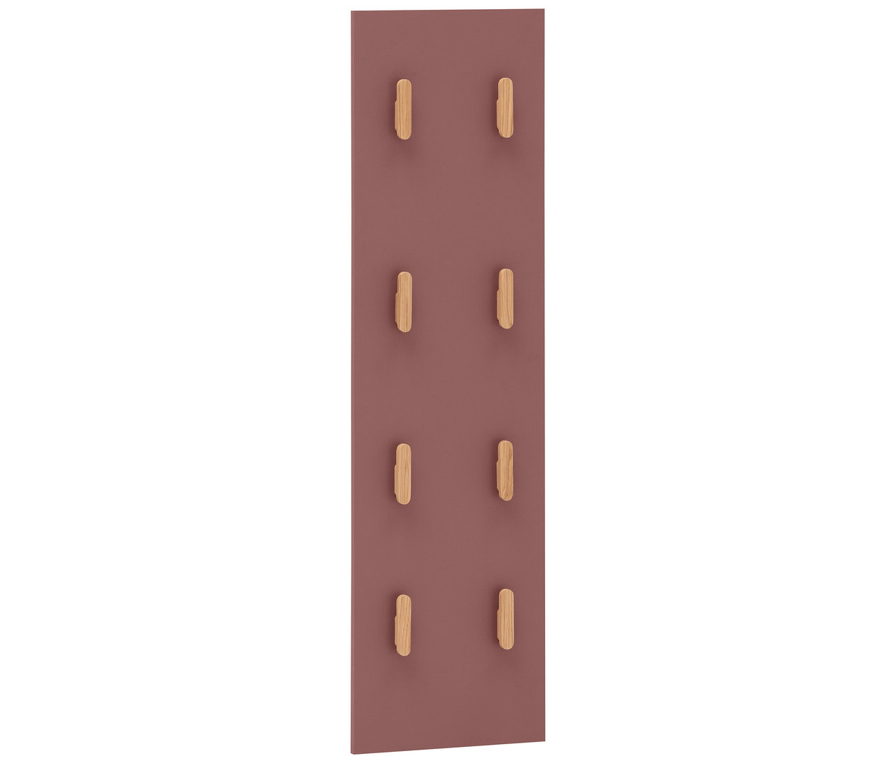 Eine lange, rosafarbene Wandgarderobe mit acht Holzpflöcken in zwei Reihen.