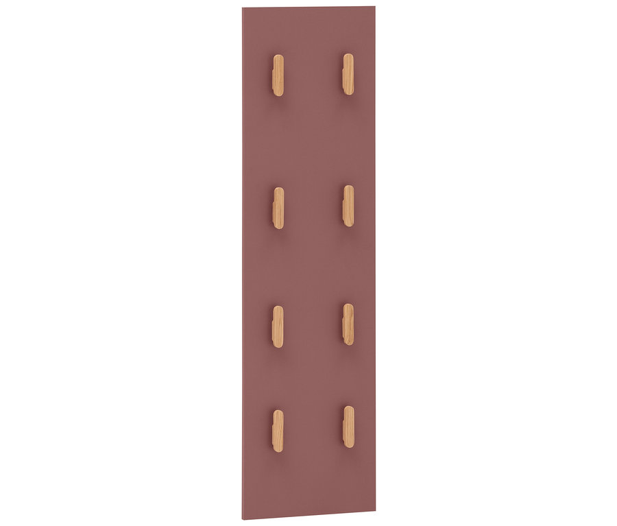 Eine lange, rosafarbene Wandgarderobe mit acht Holzpflöcken in zwei Reihen.