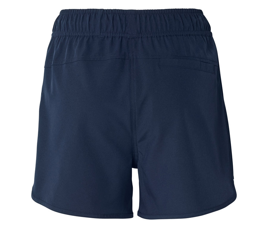 Rückansicht von marineblauen Shorts mit elastischem Bund und Taschen.