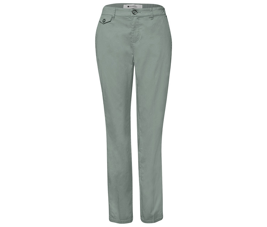 Mintfarbene Street One Chino Hose, flach liegend auf weißem Hintergrund.