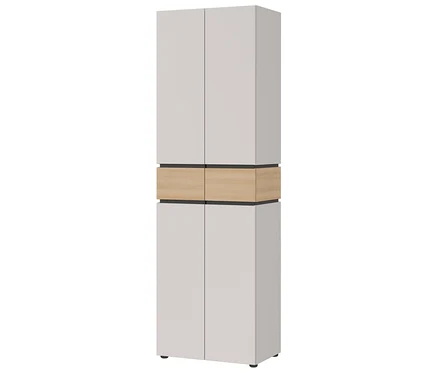 Ein hoher, schmaler Schrank mit vier Türen, oben und unten grau, in der Mitte ein Fach in Holzoptik.
