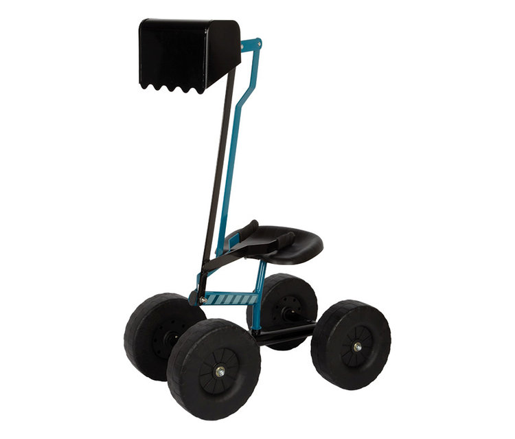 Ein blauer und schwarzer small foot Bagger mit Rädern mit schwarzem Sitz und Schaufel.