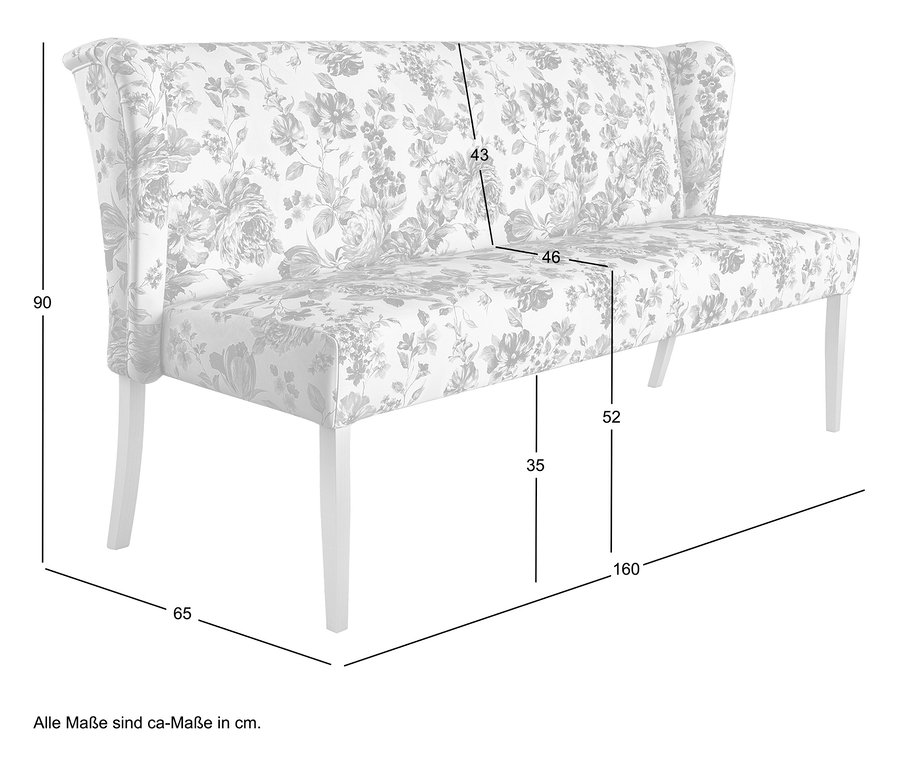 Skizze einer Bank mit Blumenmuster und Maßangaben in Zentimetern.