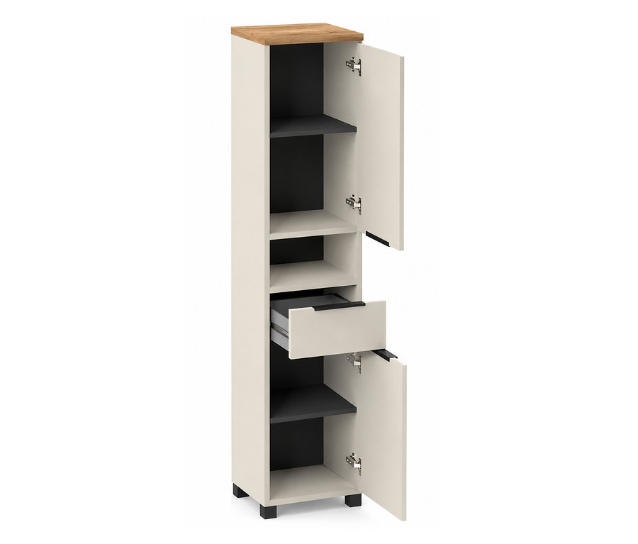 Beiger Hochschrank »Saga« mit Holzplatte, zwei offenen Türen, dunklen Regalböden und einer geöffneten Schublade.