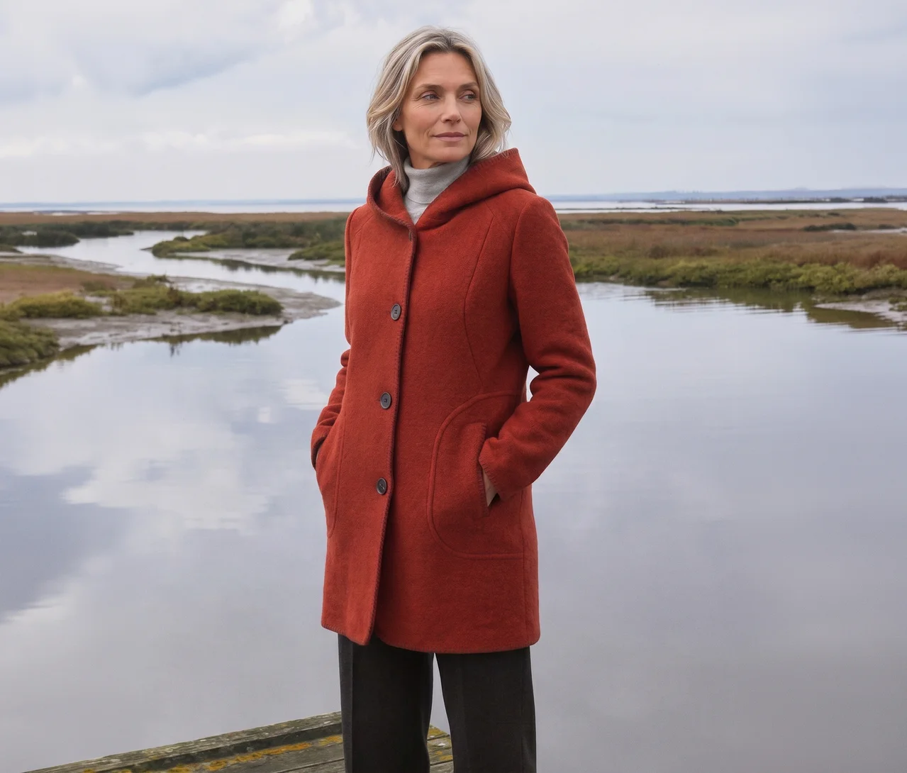 Frau mit blondem Haar trägt einen roten Kapuzenmantel und dunkle Hosen, steht mit den Händen in den Taschen an einem sumpfigen Fluss und blickt nach rechts unter bewölktem Himmel.