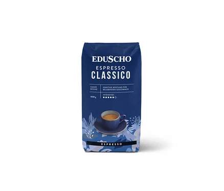 Eine Packung EDU Espresso Classico 1000g Ventil mit einer Tasse Espresso.