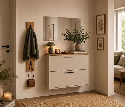 Ein Flur mit einem beigen Schuhschrank unter einem Spiegel, daneben ein Wandhaken mit einer olivgrünen Jacke und einer braunen Tasche. Auf dem Schrank stehen eine grüne Lampe, eine Kerze und eine Vase mit Pflanzen. Ein Jute-Teppich liegt auf dem Boden.