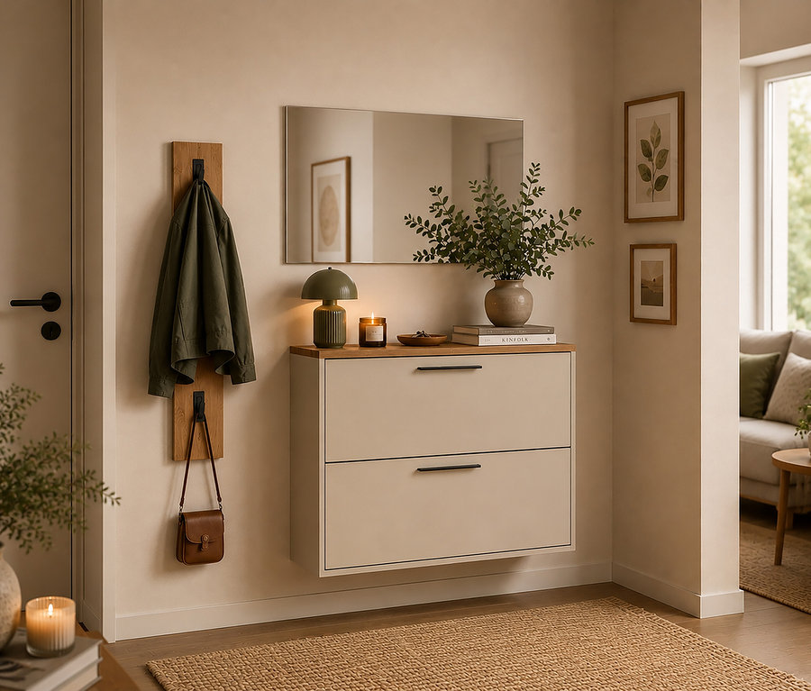 Ein Flur mit einem beigen Schuhschrank unter einem Spiegel, daneben ein Wandhaken mit einer olivgrünen Jacke und einer braunen Tasche. Auf dem Schrank stehen eine grüne Lampe, eine Kerze und eine Vase mit Pflanzen. Ein Jute-Teppich liegt auf dem Boden.