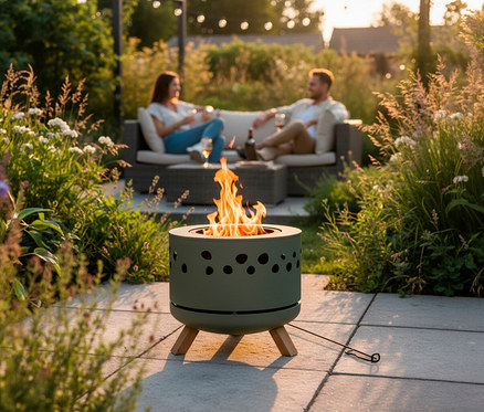 Grüne Feuerstelle mit Flammen auf einer Terrasse. Im Hintergrund entspannt sich ein Paar auf einem Sofa im Garten bei Sonnenuntergang.