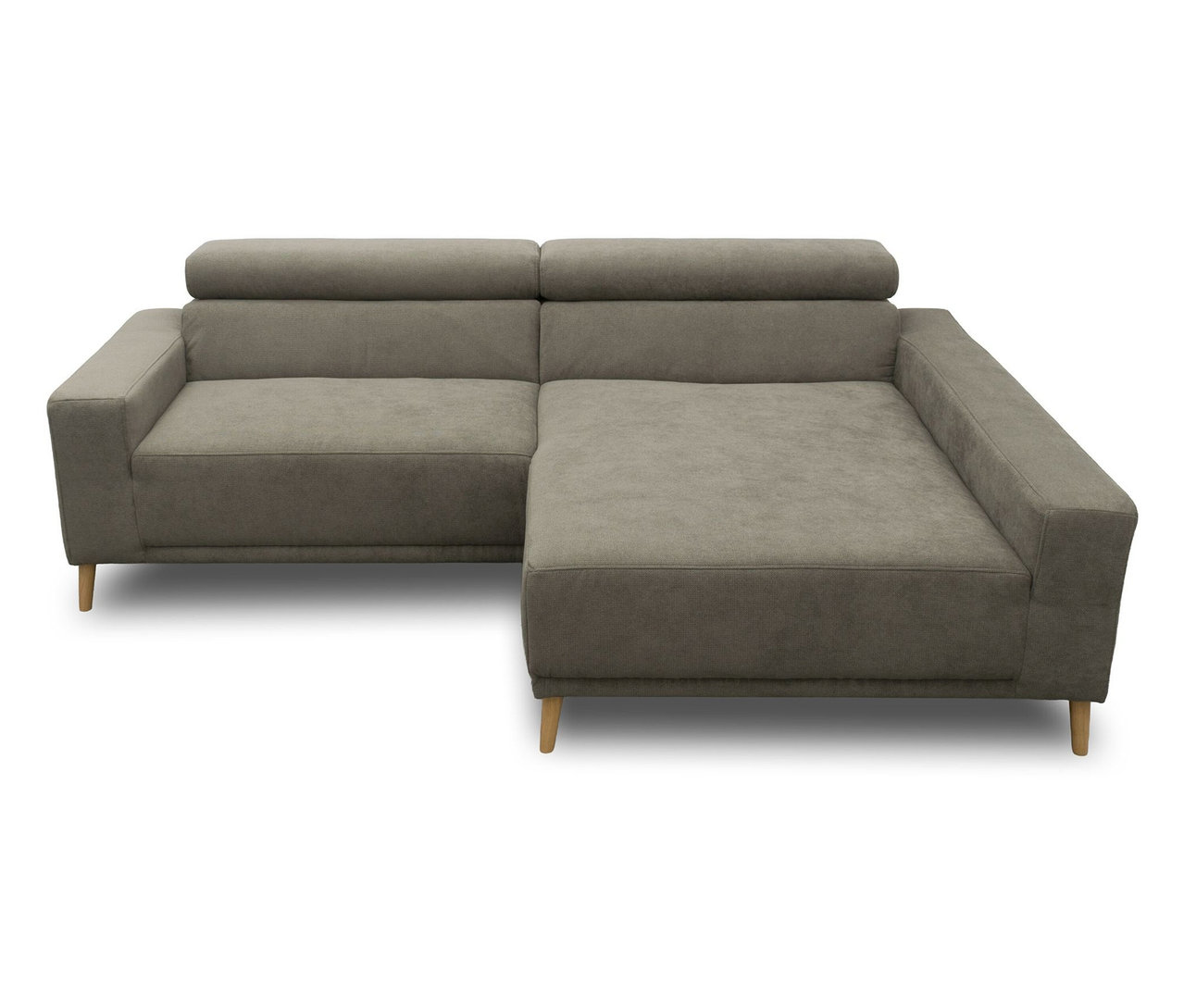 Graues L-förmiges DOMO Sofa »Malmö« mit Longchair rechts, verstellbaren Kopfstützen und Holzfüßen.