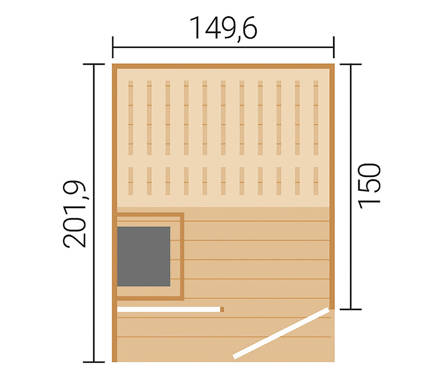 Grundriss einer Sauna mit Bänken, Ofen und Türöffnung, Maße 149,6, 150 und 201,9.