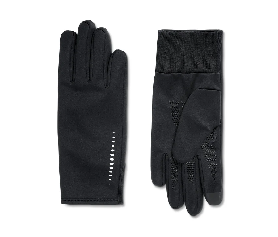 Zwei schwarze Windprotection-Thermohandschuhe, einer mit reflektierenden Punkten auf dem Handrücken, der andere mit griffiger Handfläche und geripptem Bündchen.