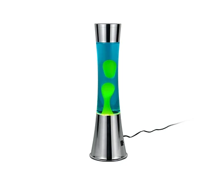Reality LED-Lavalampe, blau mit grünen Blasen und Chromsockel.