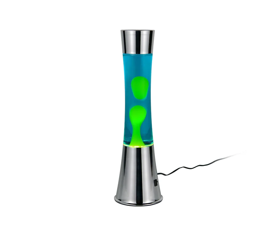 Reality LED-Lavalampe, blau mit grünen Blasen und Chromsockel.