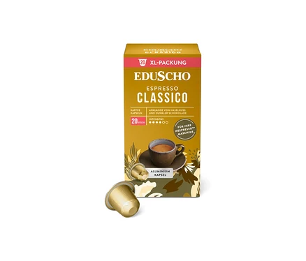 Eine Packung Eduscho Espresso Classico Kaffeekapseln mit einer Tasse Kaffee und zwei Kapseln im Vordergrund.