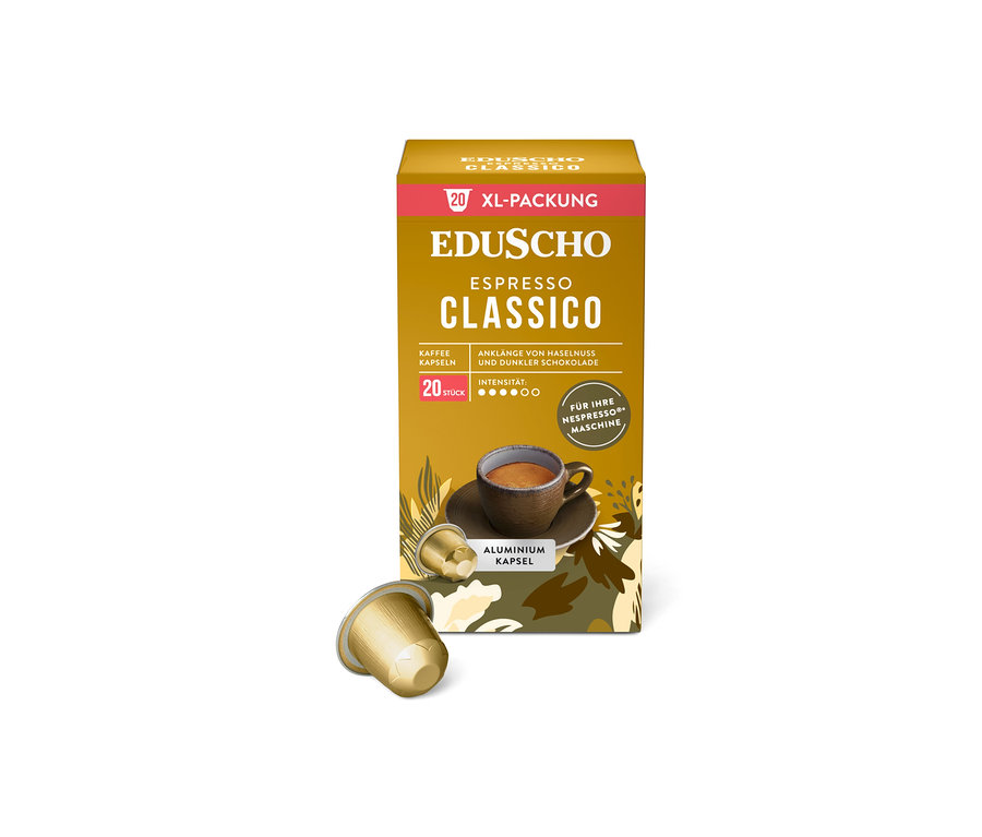 Eine Packung Eduscho Espresso Classico Kaffeekapseln mit einer Tasse Kaffee und zwei Kapseln im Vordergrund.