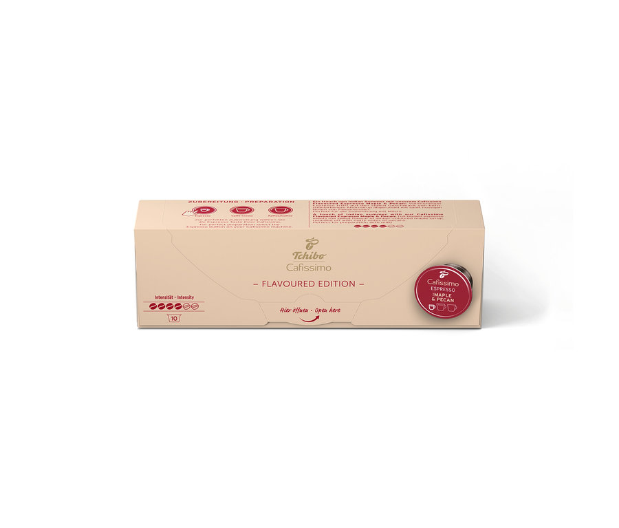 Hellbraune Kartonverpackung für Cafissimo Flavoured Espresso Maple & Pecan mit 10 Kapseln, Intensitätsanzeige und rotem Etikett.