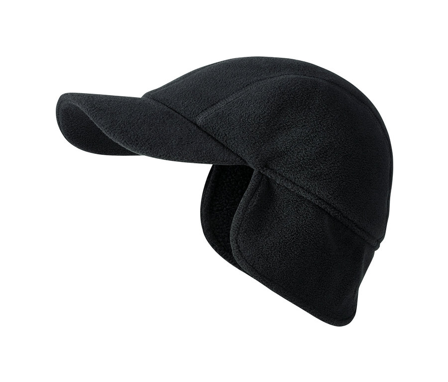 Detailansicht einer schwarzen Thermofleece-Kappe mit Ohrenklappen.