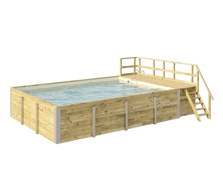 Rechteckiger WEKA Gartenpool mit Holzverkleidung, kleinem Sonnendeck und Stufen.