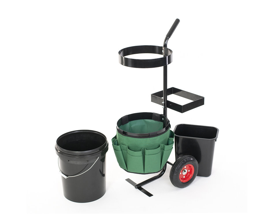 Universal-Garten-Trolley mit schwarzem Rahmen, grüner Tasche mit Fächern, schwarzem Eimer und schwarzem Behälter.