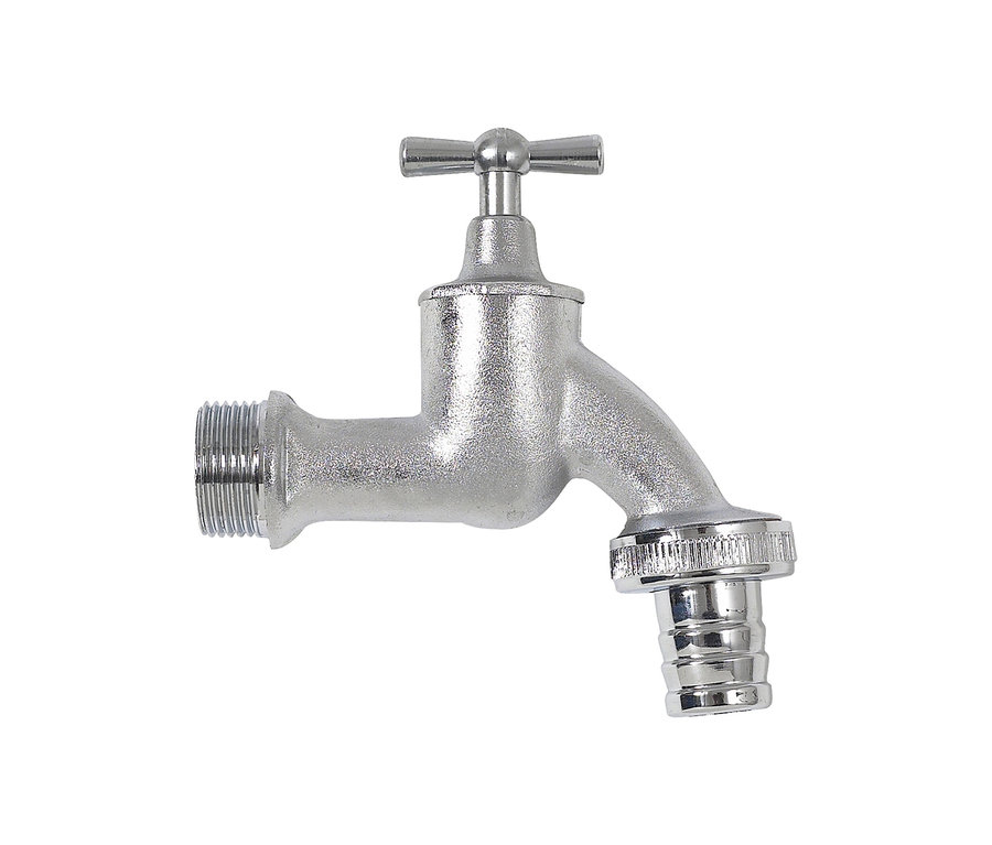 Detailaufnahme eines silbernen Wasserhahns mit Kreuzgriff.