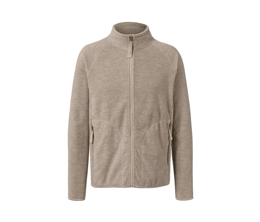 Eine beige Fleecejacke mit Reißverschluss in der Mitte.