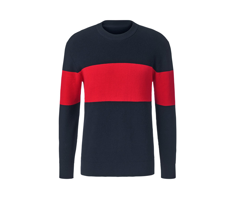 Blau-roter Strickpullover.