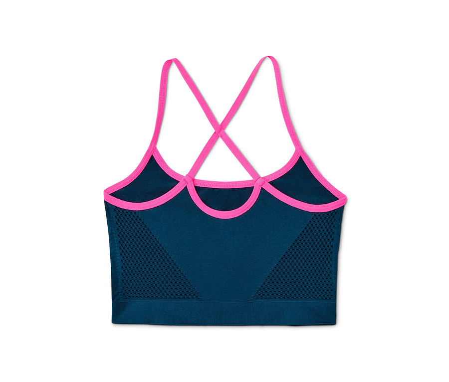 Detailansicht eines marineblauen Kinder-Sportbustiers mit recyceltem Material und pinkfarbenen Trägern.