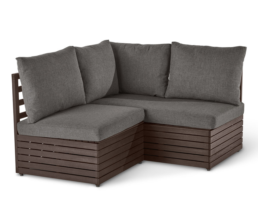Eckmodulgruppe mit dunkelbraunem Holzrahmen und grauen Kissen.