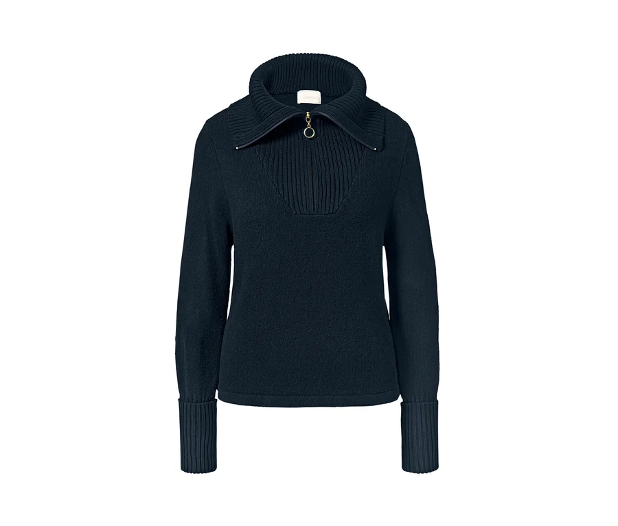 Dunkelblauer Pullover im Troyer-Stil mit Reißverschlusskragen.