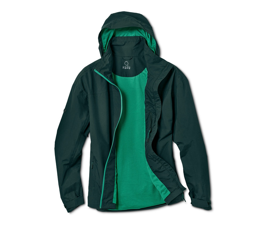 Grüne Outdoorjacke mit Kapuze und grünem Futter.
