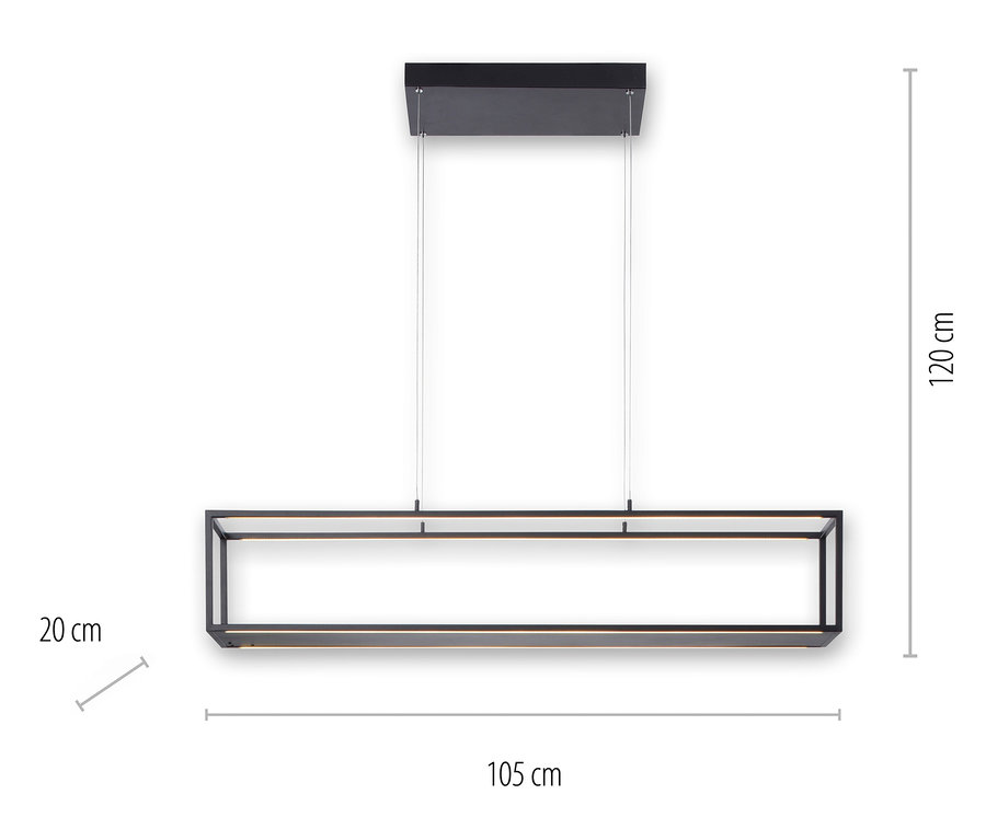 Schwarze rechteckige Paul Neuhaus LED-Pendelleuchte Contura mit Maßangaben.
