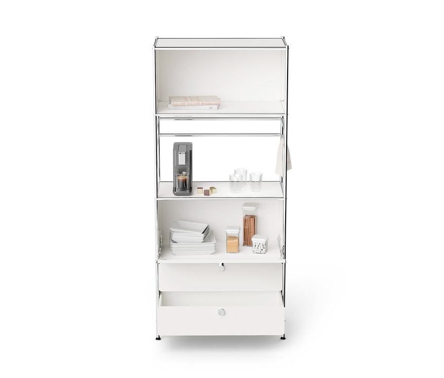 Weißes Regal Metall »CN3« mit 1 Klappenfach, 2 Schubladen und Inhalt.