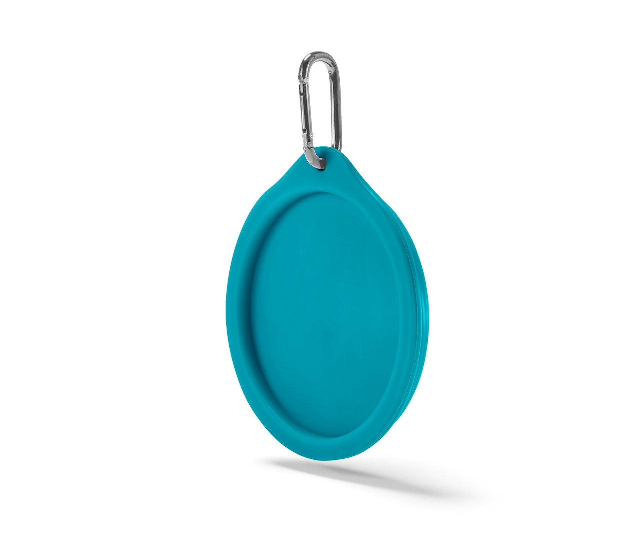 Ein blauer, faltbarer Fressnapf mit Karabiner.