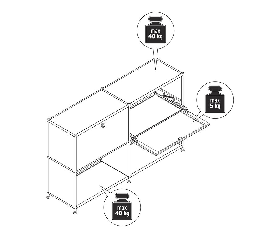 Zeichnung eines Sideboards Metall »CN3« mit 2 versetzbaren Klappenfächern, von denen eines geöffnet ist.