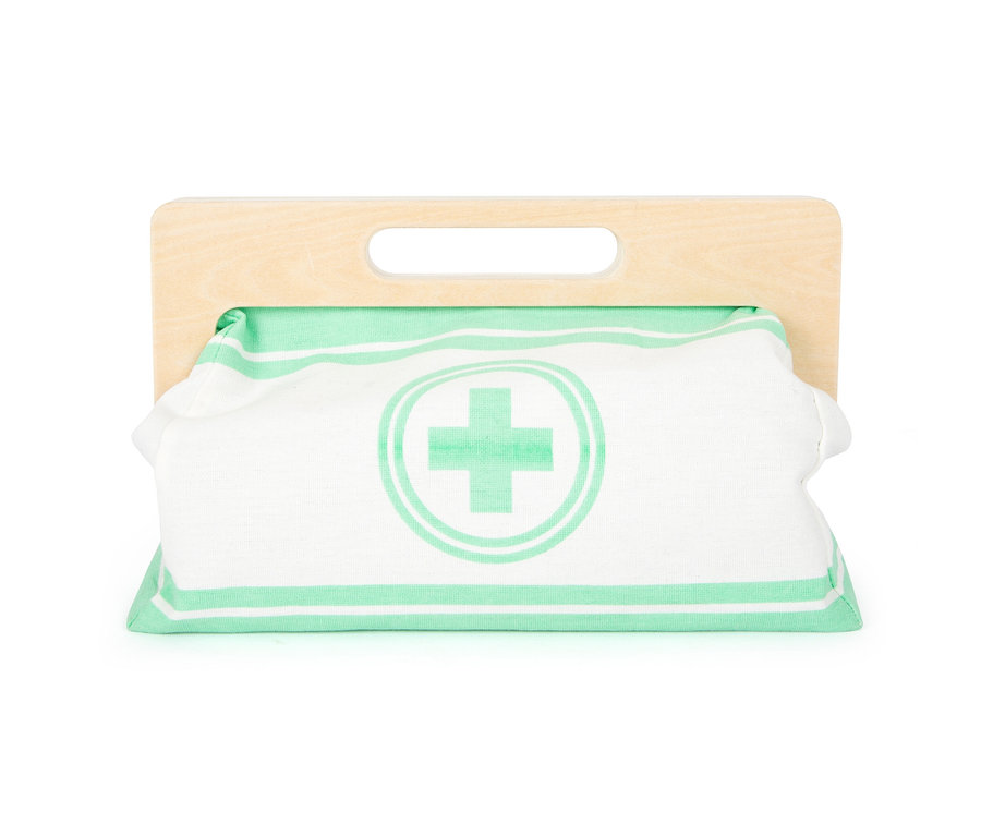 Die small foot Arzttasche mit Holzgriff und grünem Kreuzmotiv.