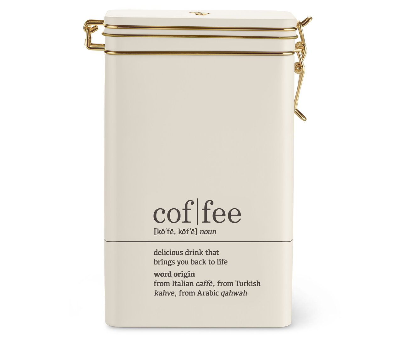 Elfenbeinfarbene Kaffeedose, coffee dictionary, mit goldenem Verschluss.