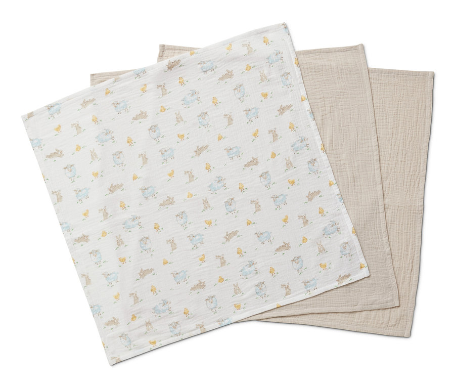 Drei Baby-Musselin-Tücher liegen übereinander.