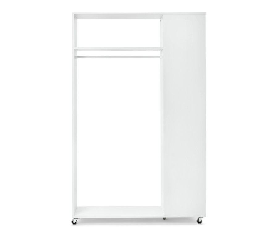 Eine mobile Spiegelschrank-Garderobe auf Rollen.