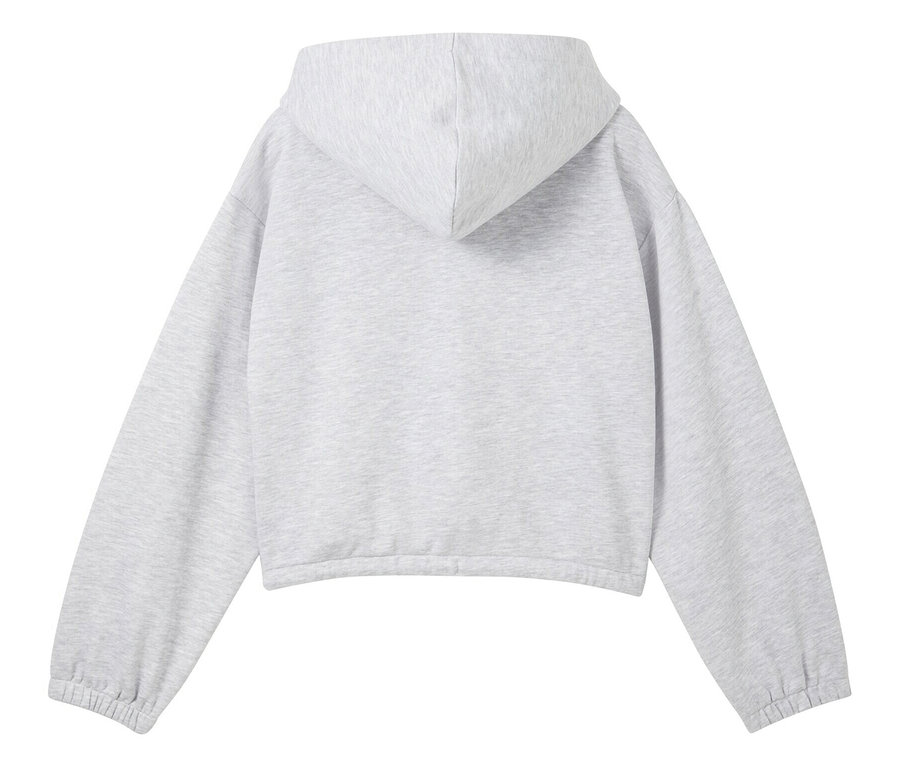 Grauer Kapuzenpullover von hinten.