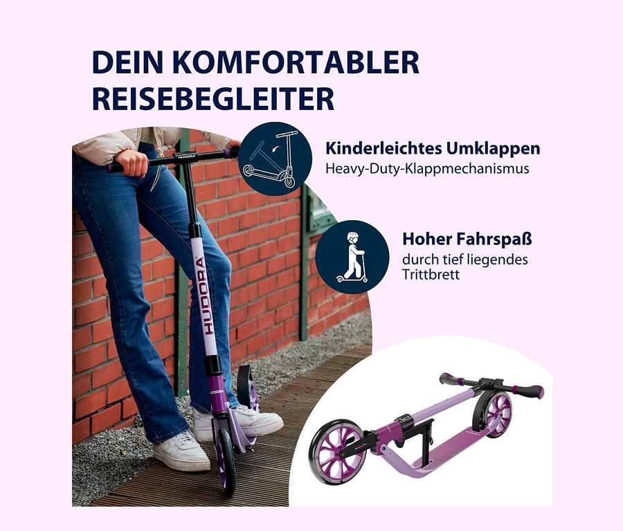 Frau steht neben einem lavendelfarbenen HUDORA BigWheel® 205 Scooter.