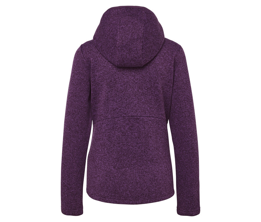 Rückansicht einer violetten Fleecejacke mit Kapuze.
