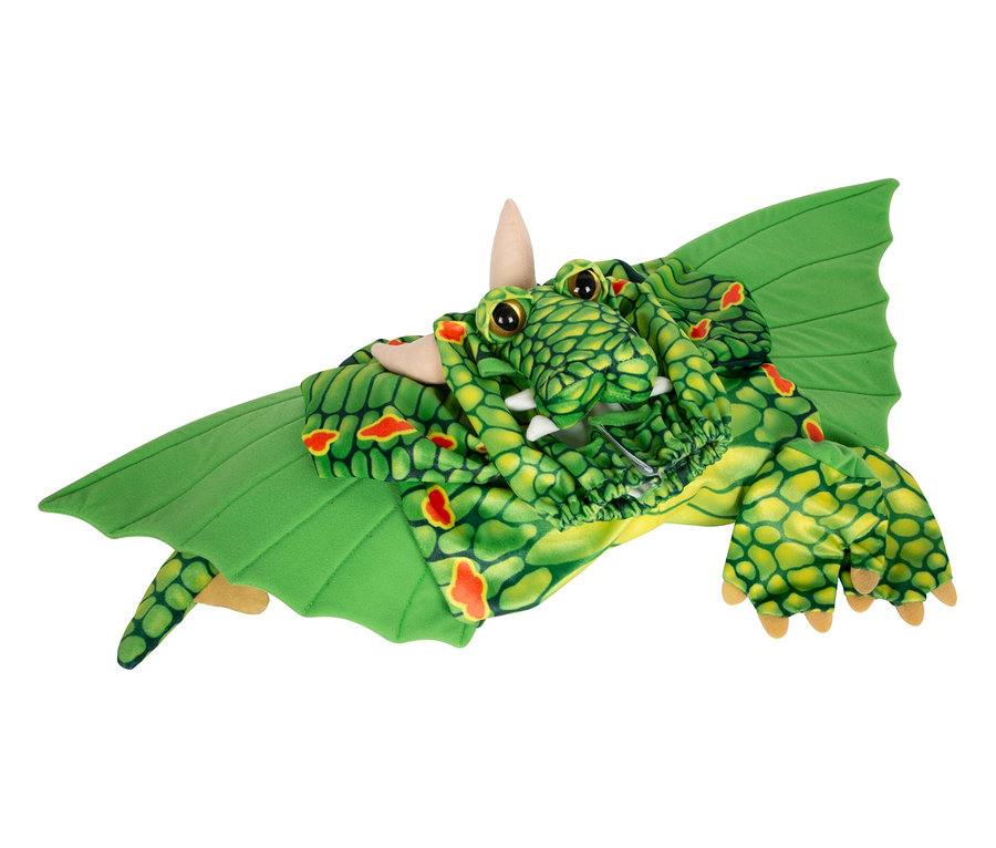Grünes Drachenkostüm mit orangefarbenen Flecken, Hörnern und Flügeln.