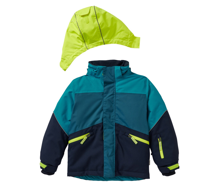 Dunkeltürkise JAKO-O Kinder-Robustjacke mit abnehmbarer, neongelber Kapuze.