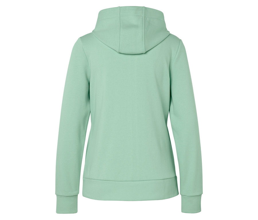 Rückansicht eines hellgrünen Kapuzenpullovers.