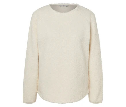 Ein cremefarbener Fleece-Pullover mit langen Ärmeln.