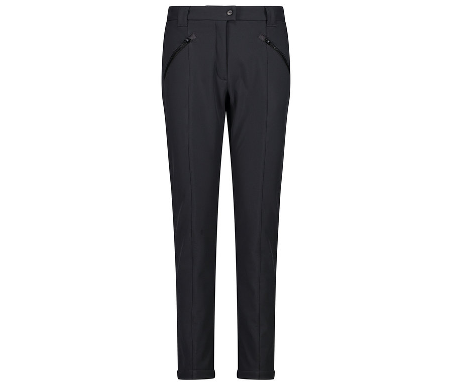 Schwarze Hosen mit Reißverschlusstaschen.