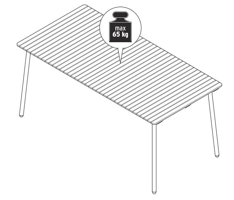 Illustration eines ausziehbaren Gartentisches »Industrial« mit einer maximalen Traglast von 65 kg.